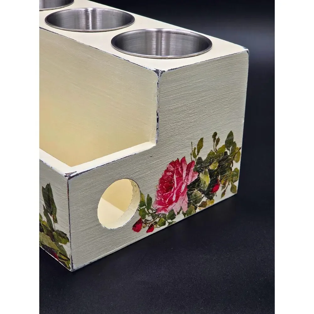 Cream Floral Wooden Desk Organizer – 3 Metal Cups & Front Storage Slot